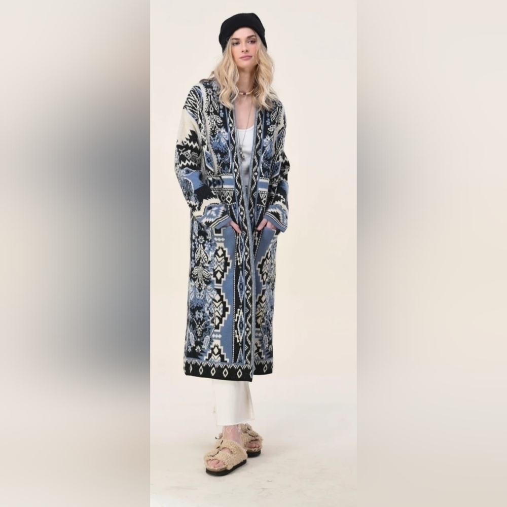 Maxsport Open Front Patch Pocket Full Length Duster Cardigan Coat Size M